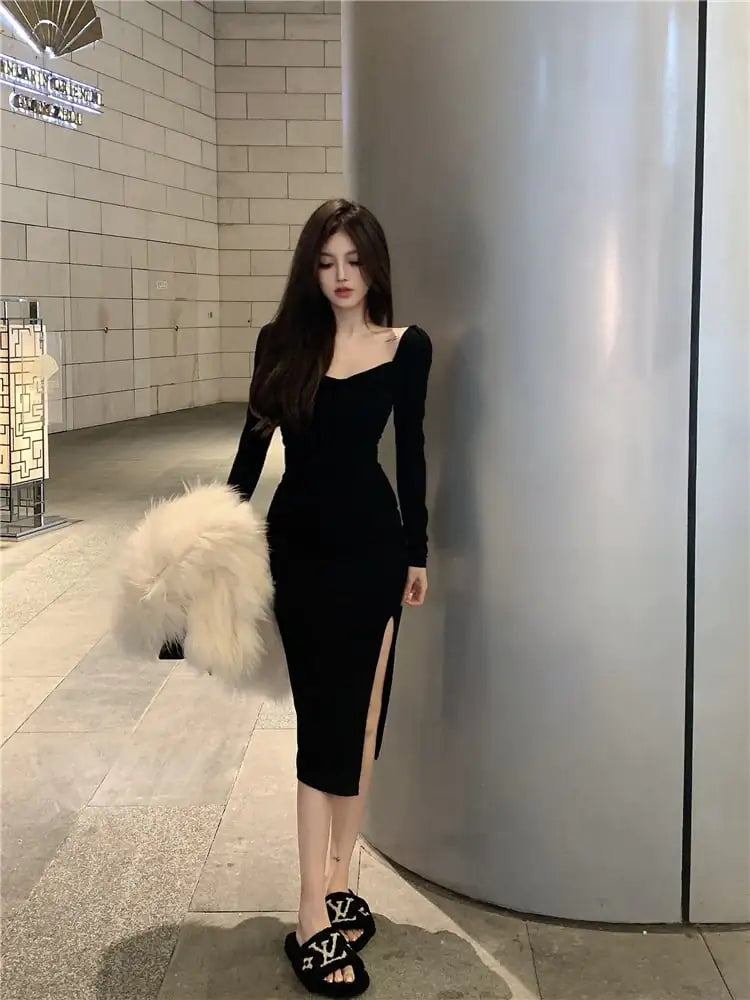 Black square-neck midi sheath dress with long sleeves and side opening