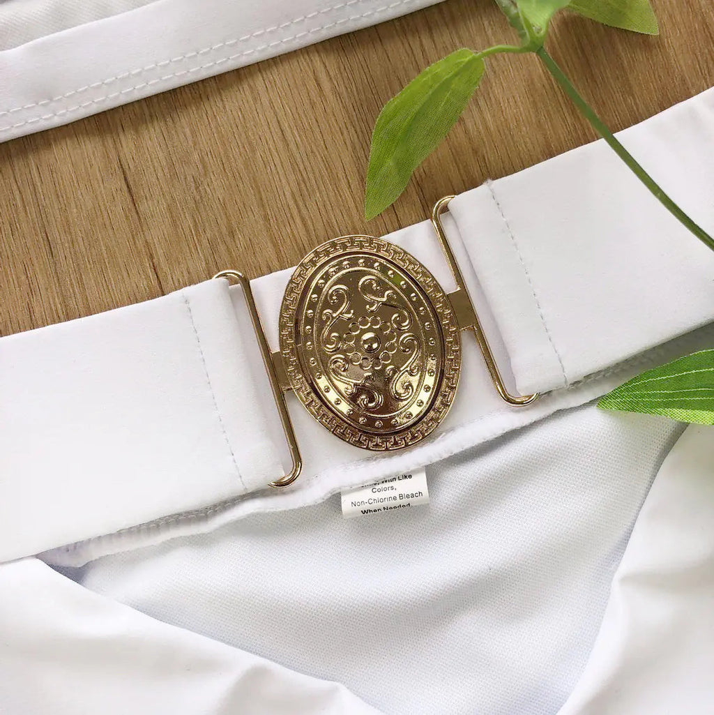 White bikini strap with gold oval buckle and adjustable ring detail