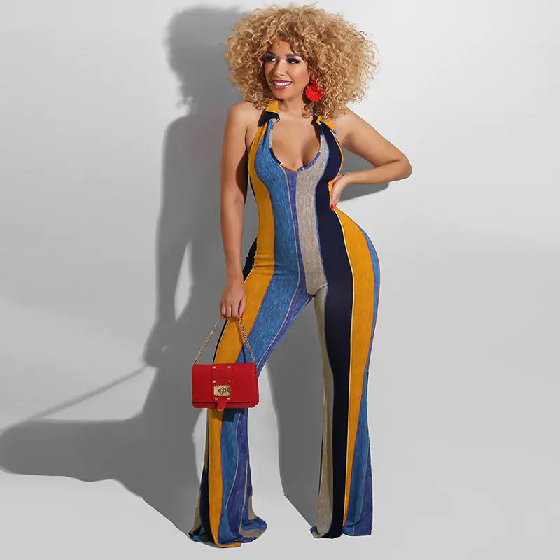 Sleeveless halter striped one-piece with wide-leg pants, blue yellow and black