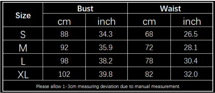 Size chart showing bust and waist measurements in cm and inches for S to XL
