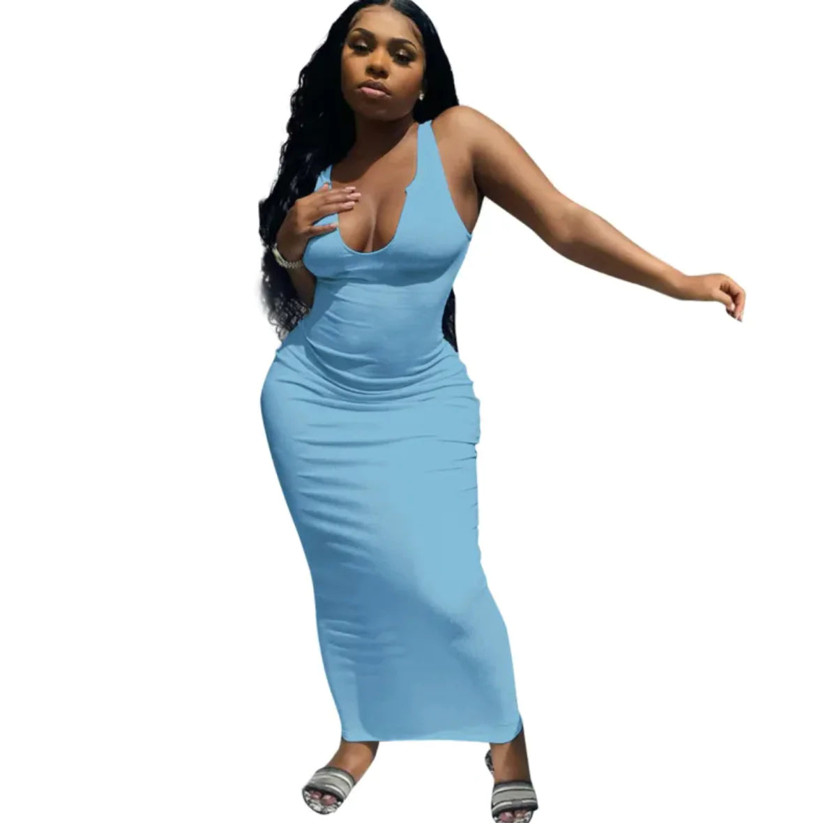 Light blue sleeveless bodycon midi dress with deep V neckline.