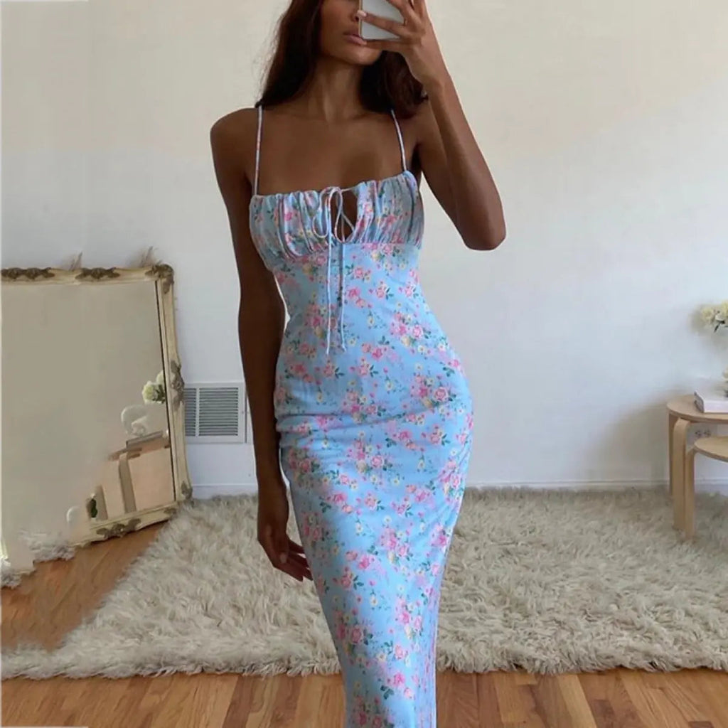 Light blue floral maxi dress with spaghetti straps and ruched bust, long length