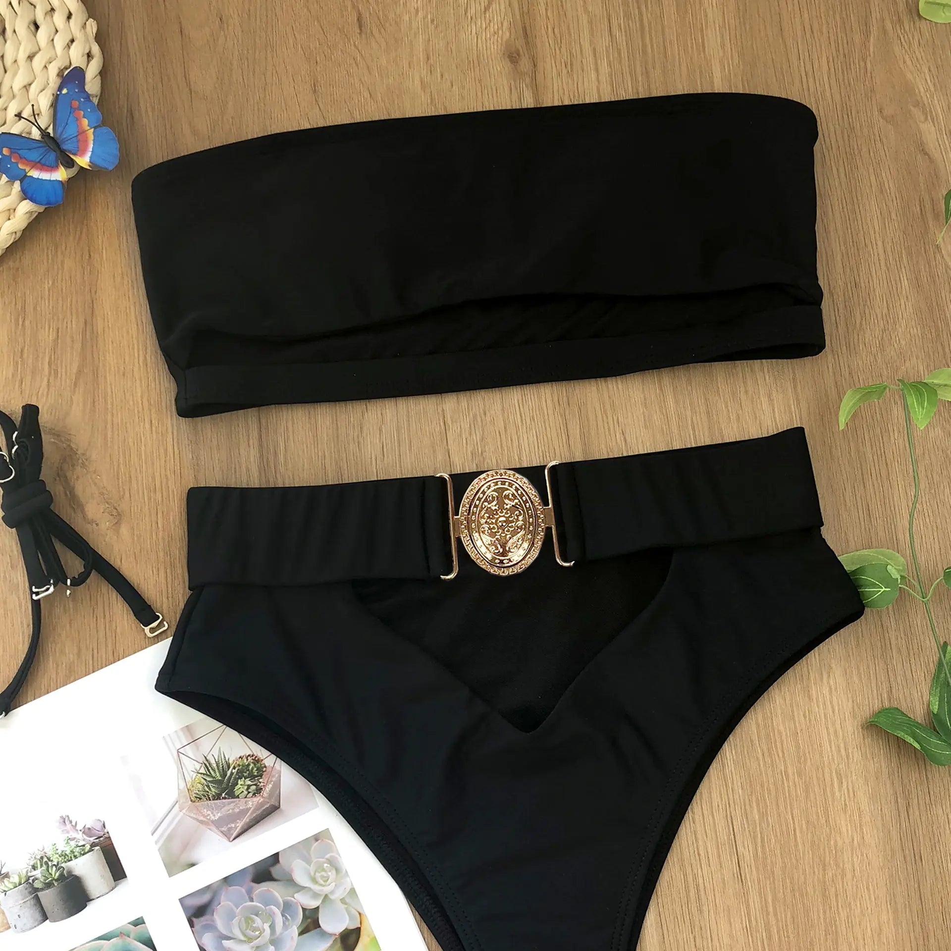 Black bandeau bikini top with high-waist bottoms and gold oval center buckle (set)