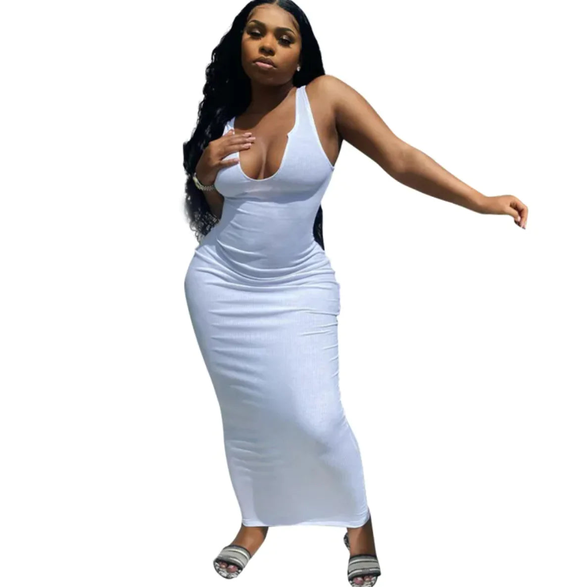 White sleeveless bodycon midi dress with scoop neck and draped waist